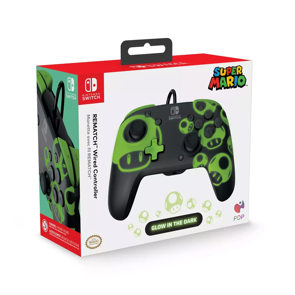 PDP Nintendo Switch Wired Controller Rematch – 1UP Glow in the Dark