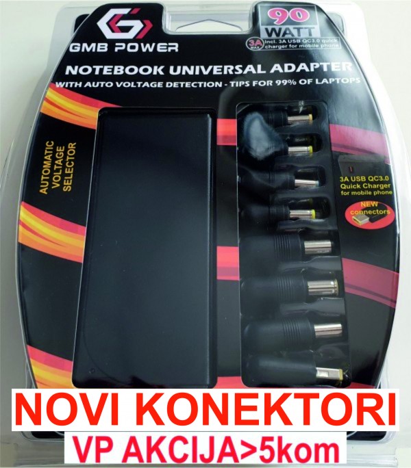 NPA-AC5D **Gembird  univerzalni laptop punjac AC 90W + QC3.0 mob.brzi punjac 3A, auto voltage (1475)