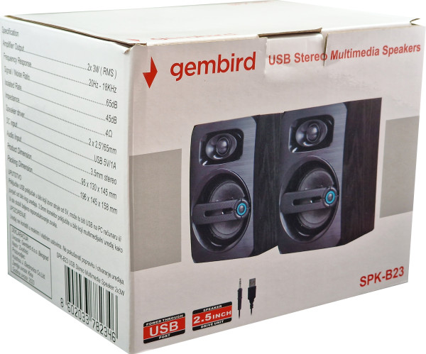 SPK-B23 * Gembird Stereo zvucnici black Wood, 2.5 inch, 6W RMS (2x3W) USB pwr, volume control, 3,5mm