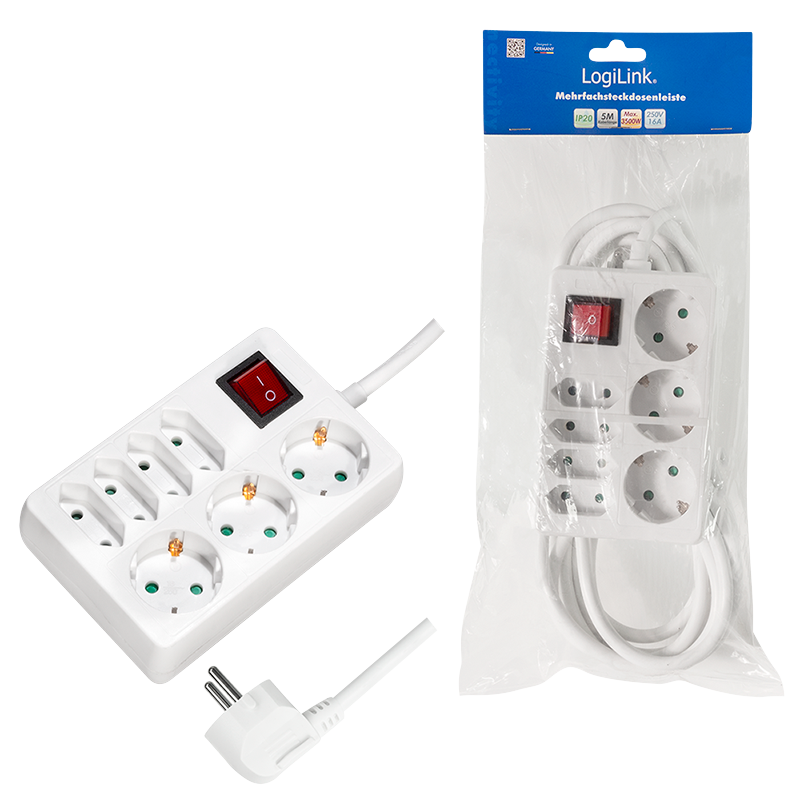 LogiLink Logilink produžni kabl 7 mesta, 3x CEE 7/3, 4x CEE 7/16, prekidač, 5.0m, beli