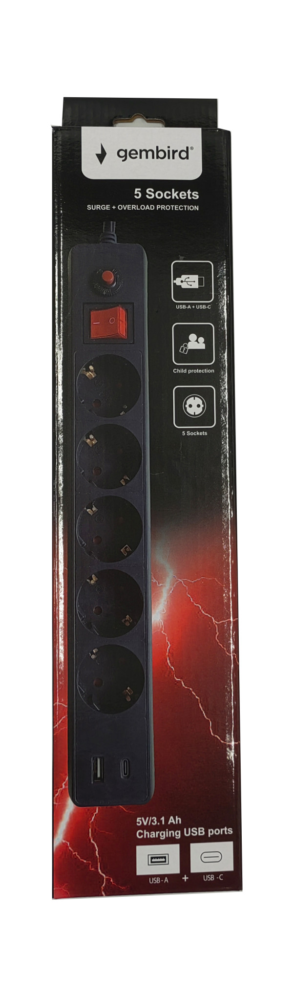 SPG5-B-6(3G1.5)**Gembird produzni kabl sa zastitom 5 uticnica, 5V/3.1A USB-A+C 16A/3500W 1.8m (743)