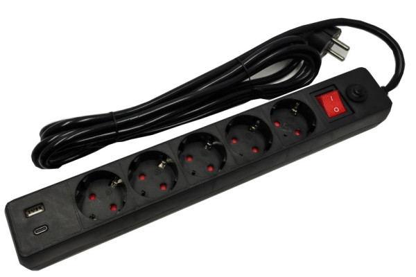 SPG5-B-6(3G1.5)**Gembird produzni kabl sa zastitom 5 uticnica, 5V/3.1A USB-A+C 16A/3500W 1.8m (743)