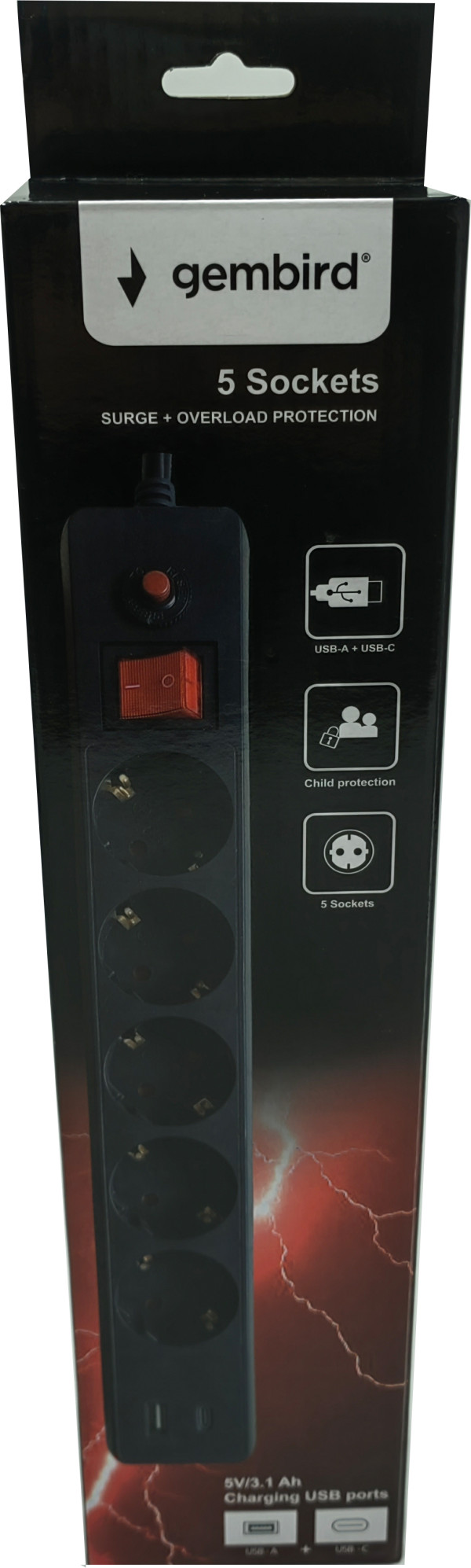 SPG5-B-6(3G1.5)**Gembird produzni kabl sa zastitom 5 uticnica, 5V/3.1A USB-A+C 16A/3500W 1.8m (743)