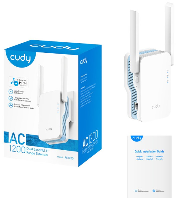 Cudy RE1200 AC1200Wi-Fi MESH Range Extender, Dual Band 2.4+5Ghz,2x5dBi, 1xLAN, AP,ACCESS+LED