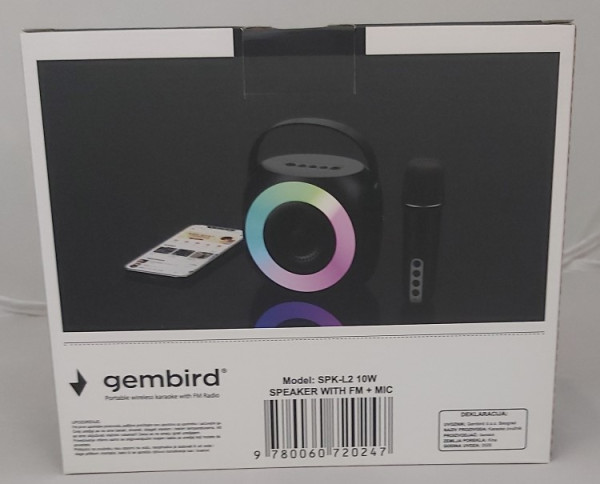 SPK-L2 ** Gembird Bluetooth karaoke zvucnik RGB,10W,1800mAh, USB, microSD, AUX +mikrofon 500mAh(1360