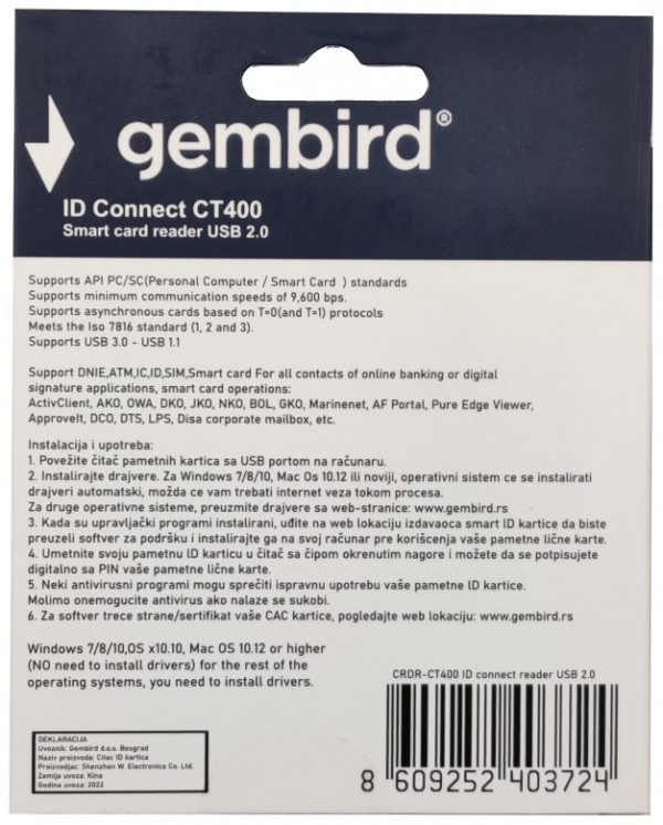 CRDR-CT400 ** Gembird Smart card reader USB 2.0 Citac za licne karte, saobracajne, bankarske (599)